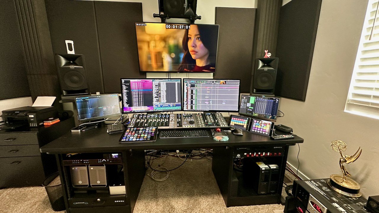 Ron's sound editing studio, front view of the mixing desk and monitors