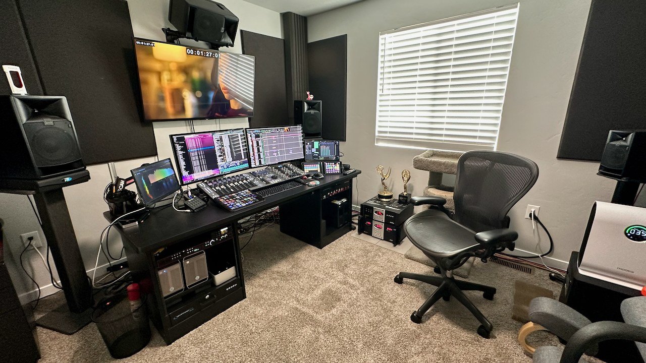 Ron's sound editing studio, wide view with Emmy Awards
